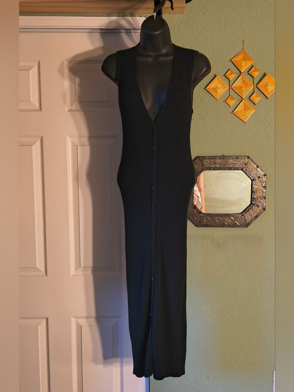 Calvin Klein Jeans Black Ribbed Button Front Bodycon Midi Dress Size M
